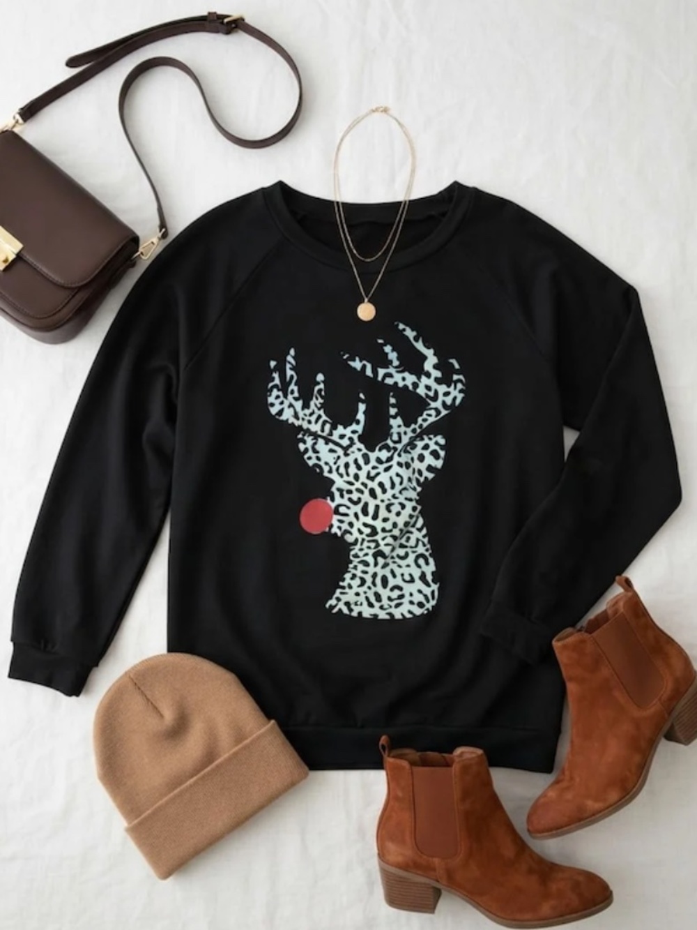 BiBi Leopard Print Reindeer Black Top